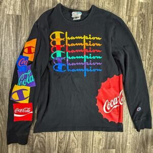 Champion Coca Cola Black Long Sleeve Shirt Small Rainbow Logo Collab Tee